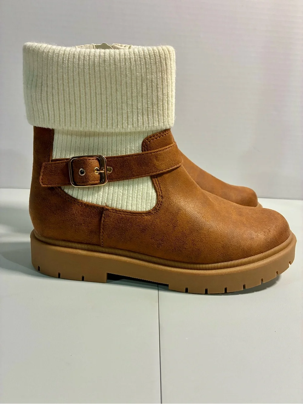 Cat & Jack Tan and Cream Girls' Ankle Boots with Knit Cuff